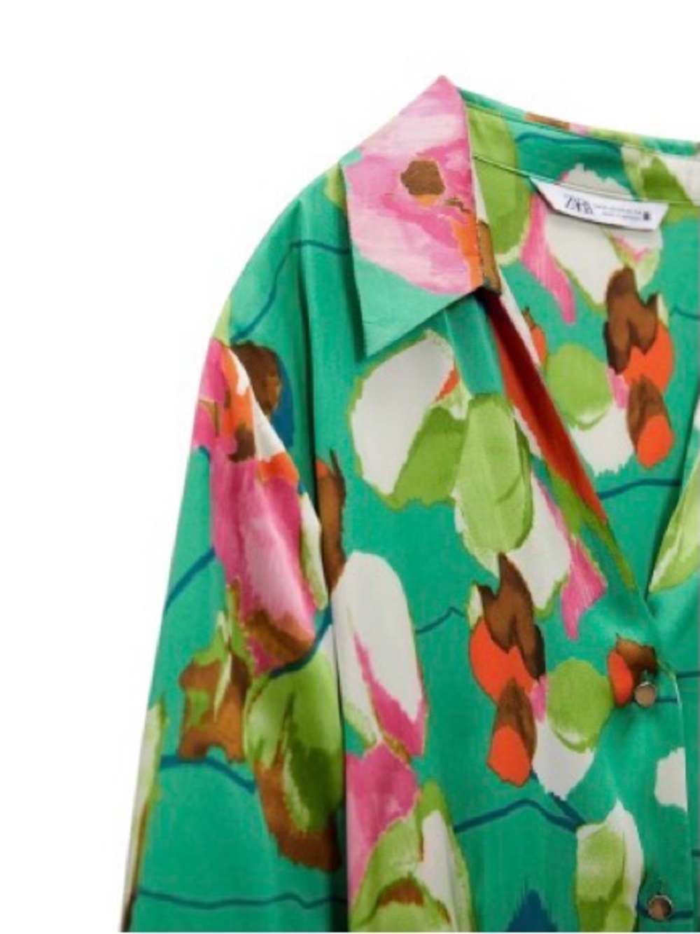 Zara Green Floral Mini Shirt Dress with Pink & White Accents - Picture 3 of 5